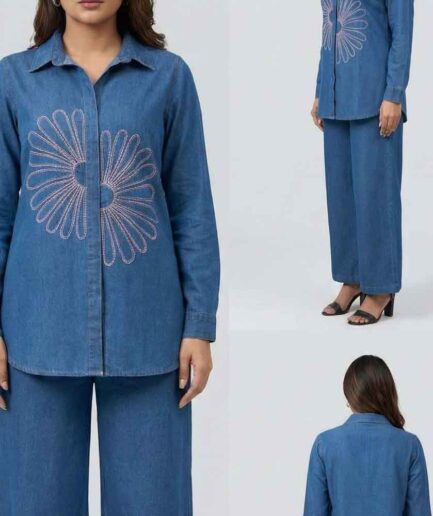 Denim Daisy Embroidered Shirt & Wide-Leg Pants Co-ord Set